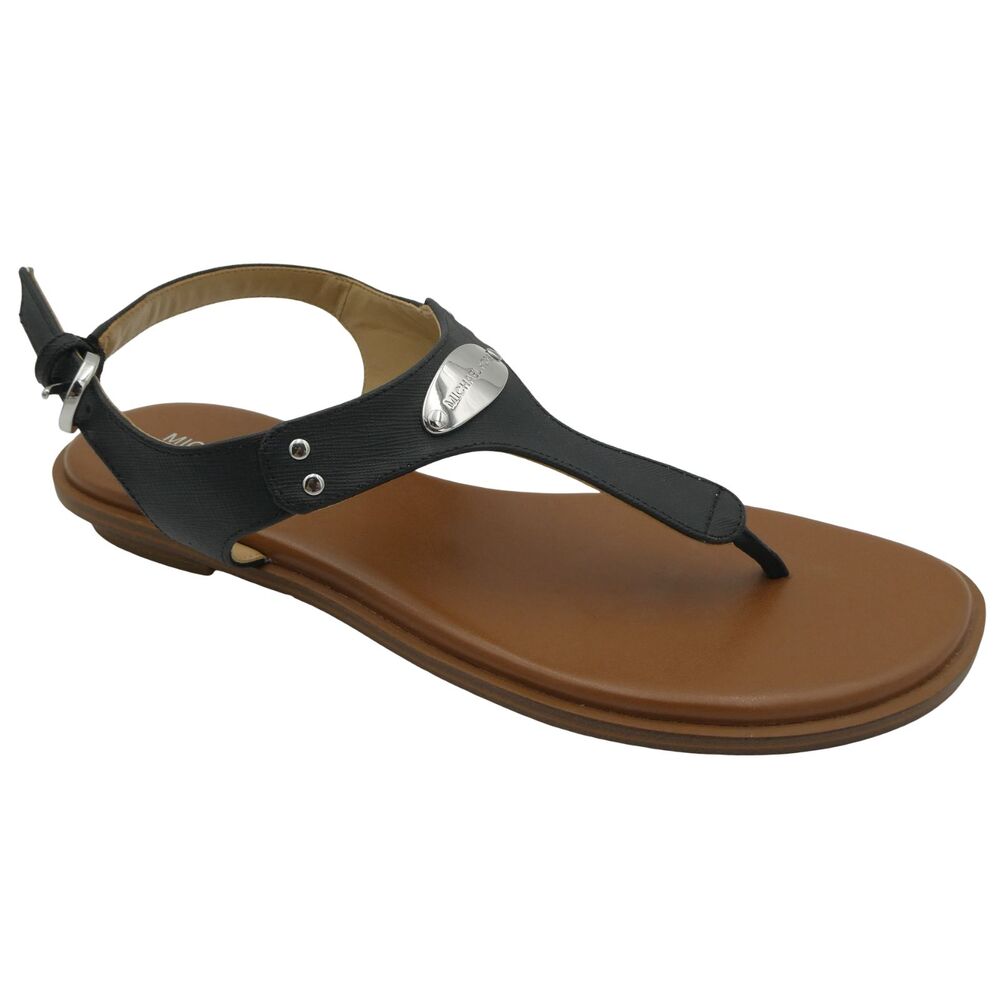 Michael Kors MK Plate Women's 9.5 Thong Black Leather Sandals Plate Logo